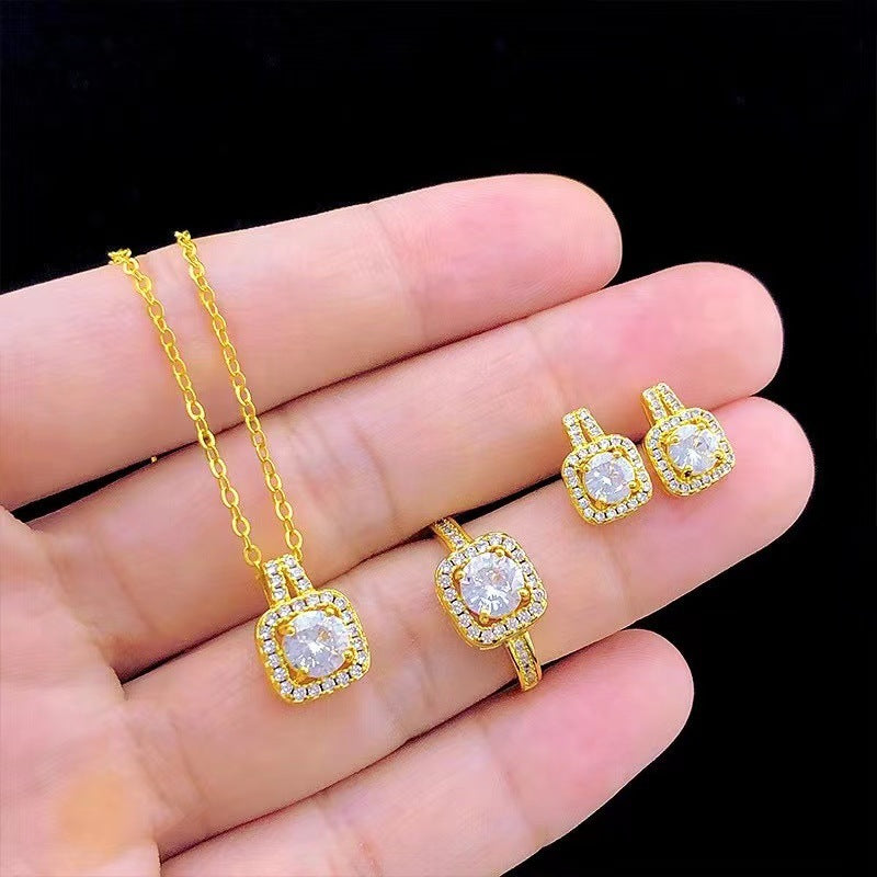 Gold Zircon Jewelry Set with Pendant & Stud Earrings