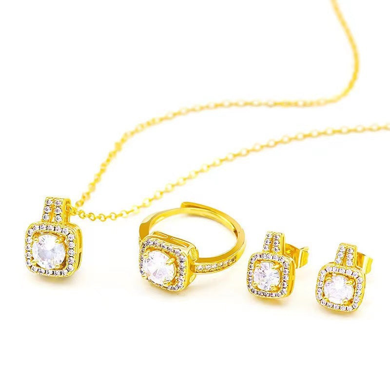 Gold Zircon Jewelry Set with Pendant & Stud Earrings