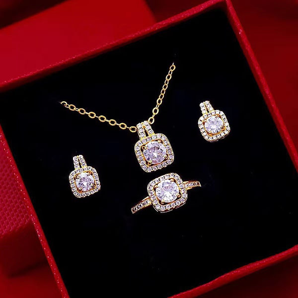 Gold Zircon Jewelry Set with Pendant & Stud Earrings